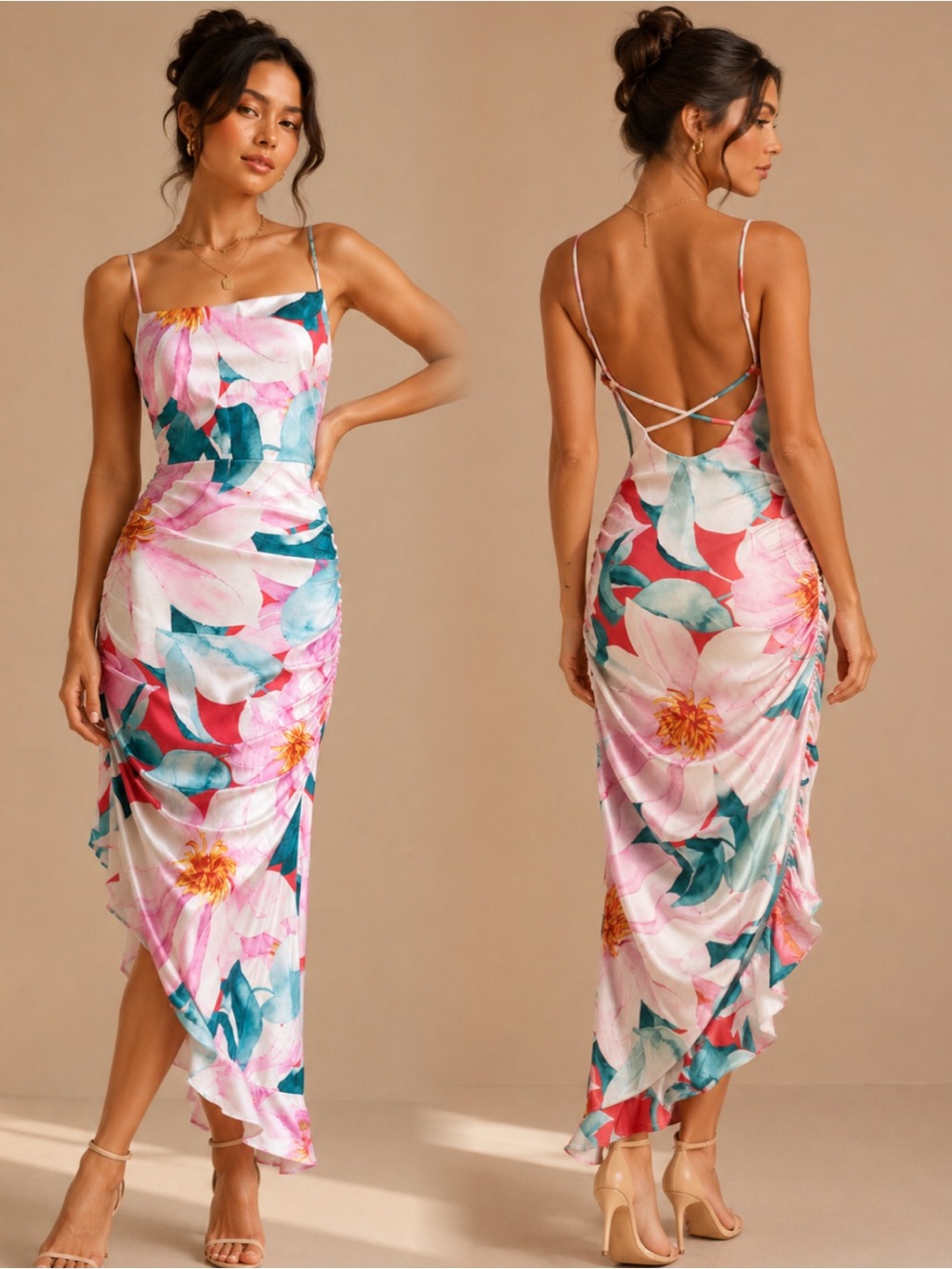 Haute Monde Pink Floral & Teal Strappy Back Midi Dress